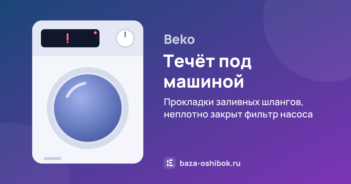 Ошибка Течёт под машиной на стиральной машине Beko — прокладки заливных шлангов, неплотно закрыт фильтр насоса