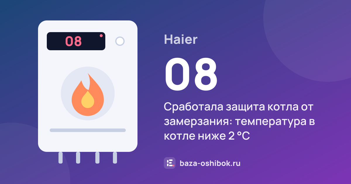 Ошибка 08 на котле Haier — сработала защита котла от замерзания: температура в котле ниже 2 °C