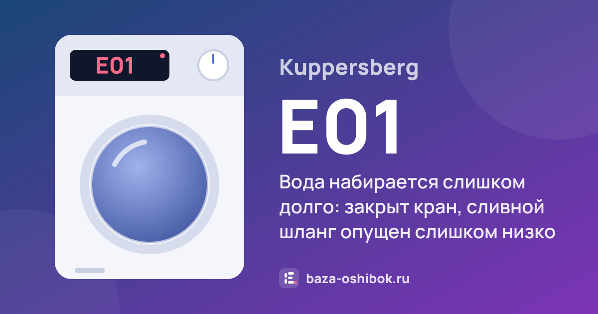 Ошибка E01 на стиральной машине Kuppersberg — вода набирается слишком долго: закрыт кран, сливной шланг опущен слишком низко или повреждён клапан подачи