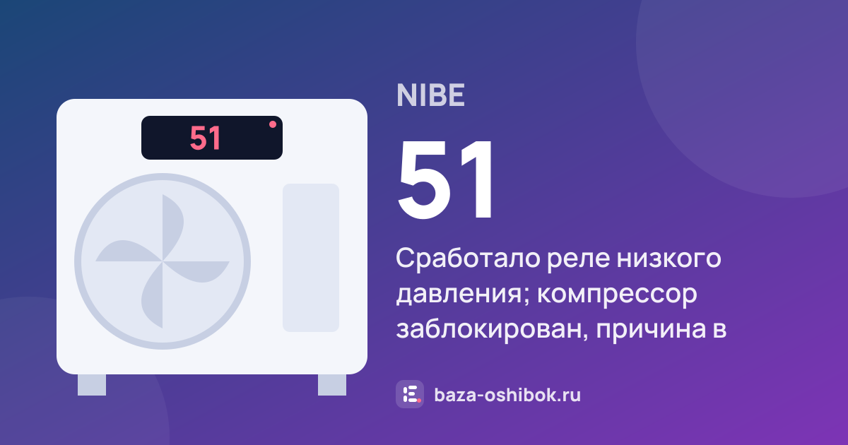 Ошибка 51 на тепловом насосе NIBE — сработало реле низкого давления; компрессор заблокирован, причина в контуре рассола